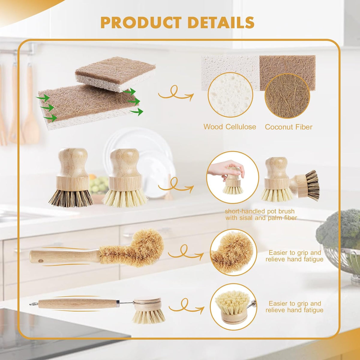 DEBETOOL 6-Piece Bamboo Dish Brush Set with Coconut Sponge