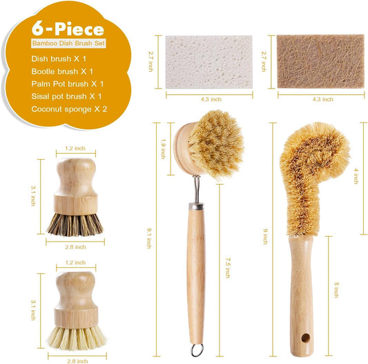 DEBETOOL 6-Piece Bamboo Dish Brush Set with Coconut Sponge