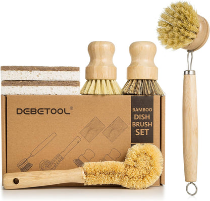 DEBETOOL 6-Piece Bamboo Dish Brush Set with Coconut Sponge